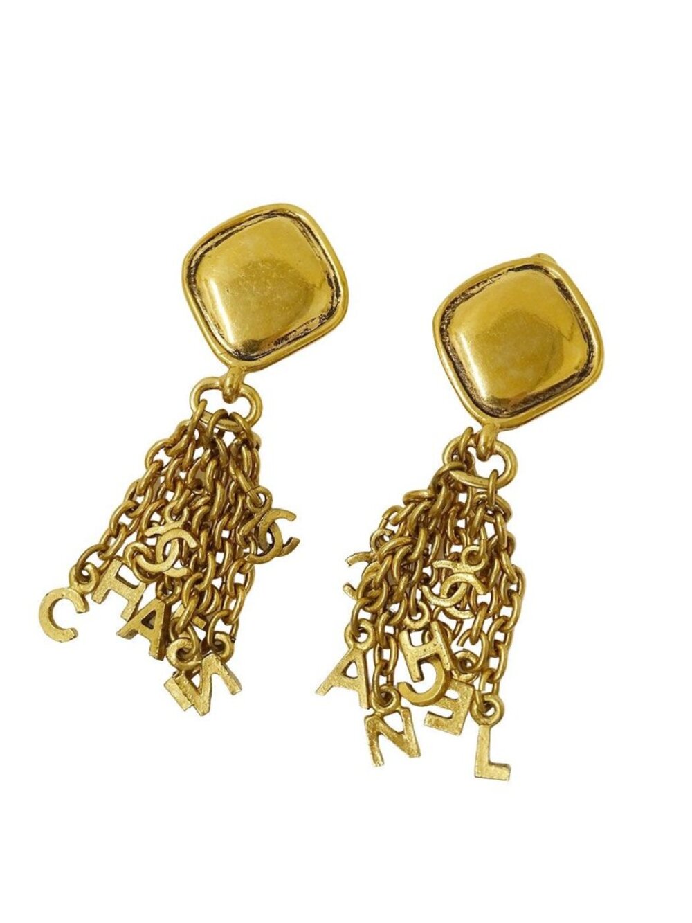 Chanel Earrings Gold Large Presence Logo Charm Square